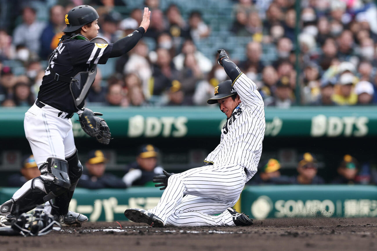 阪神対ソフトバンク　1回裏阪神1死二塁、中川の適時打で生還する近本（撮影・前田充）
