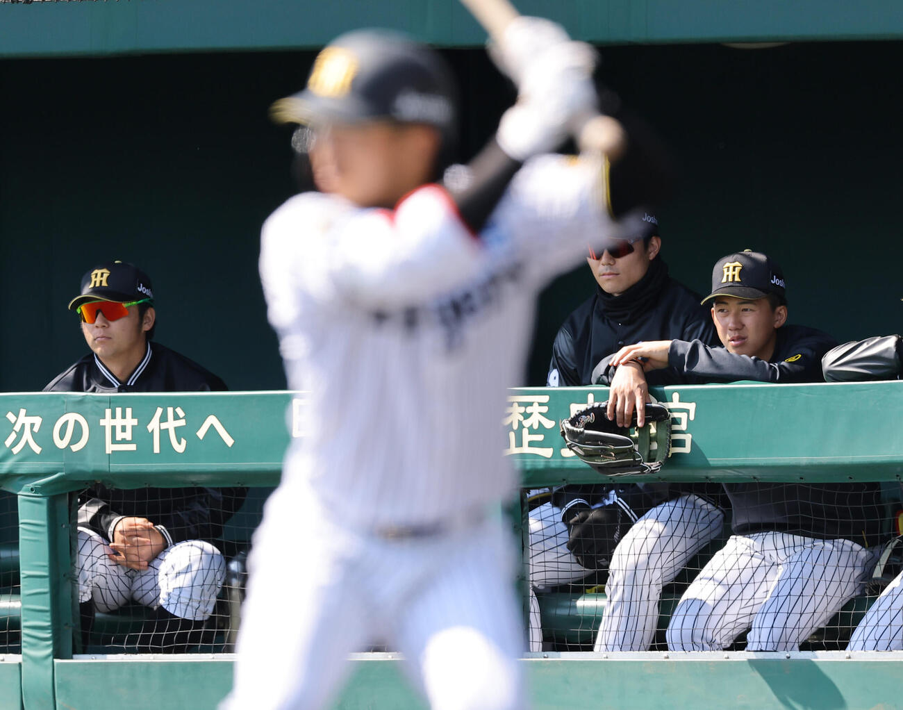 阪神対オリックス春季教育リーグ　立石（右）はベンチで試合を見る（撮影・上田博志）