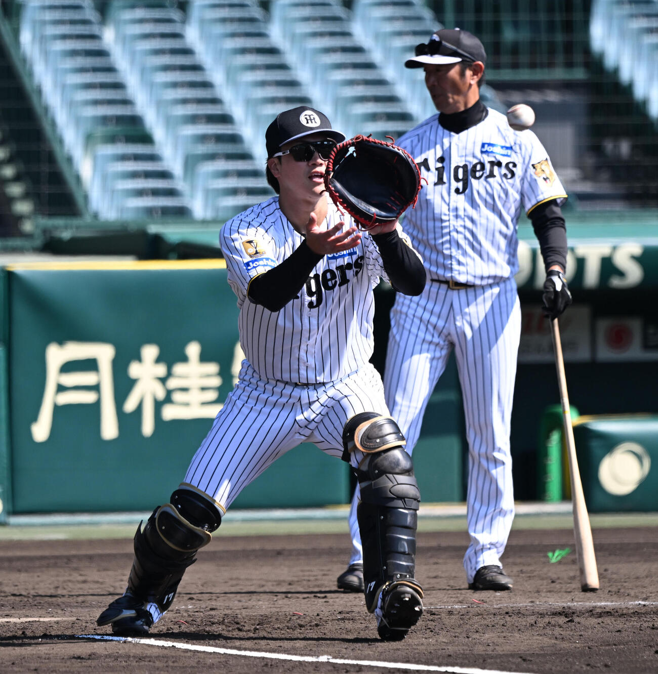 内野のボール回しをする阪神伏見（撮影・和賀正仁）