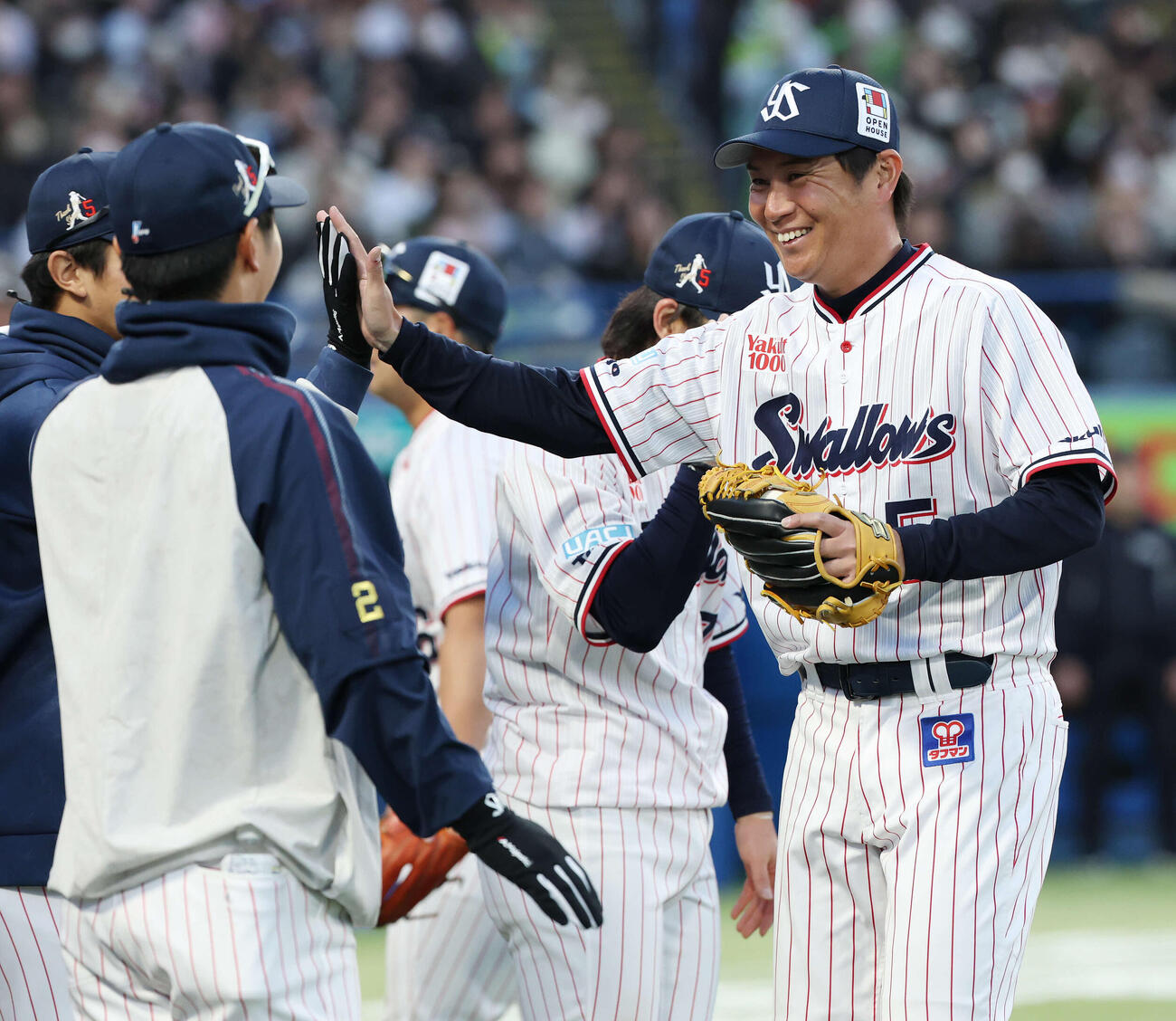 ヤクルト対オリックス　9回表オリックス2死、来田の遊飛を捕球し笑顔でタッチを交わす川端（撮影・宮地輝）