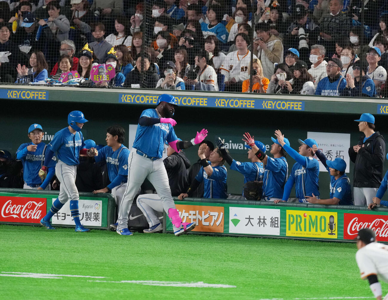 巨人対日本ハム　1回表日本ハム1死一塁、レイエスは2点本塁打を放ち生還しナインとタッチを交わす（撮影・増田悦実）