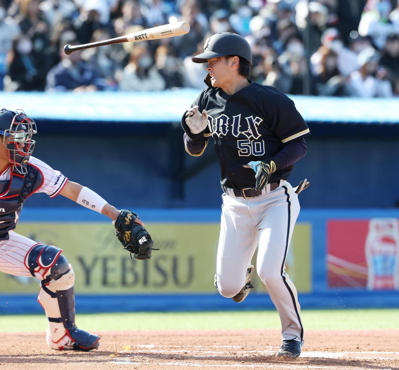 ヤクルト対オリックス　6回表オリックス無死一、二塁、死球を受ける山中（撮影・宮地輝）