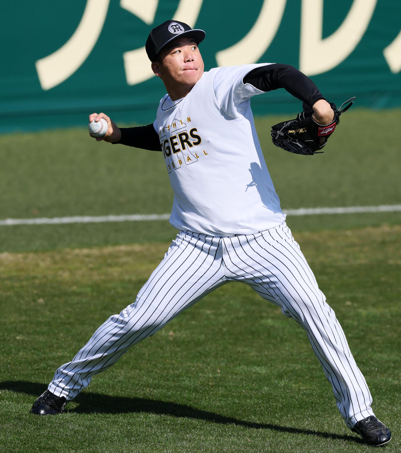 練習でキャッチボールする阪神村上（撮影・加藤哉）