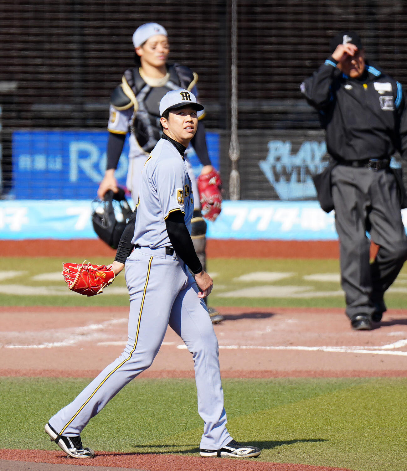 ロッテ対阪神　5回裏ロッテ2死三塁、小川を三飛に仕留めた才木（撮影・江口和貴）