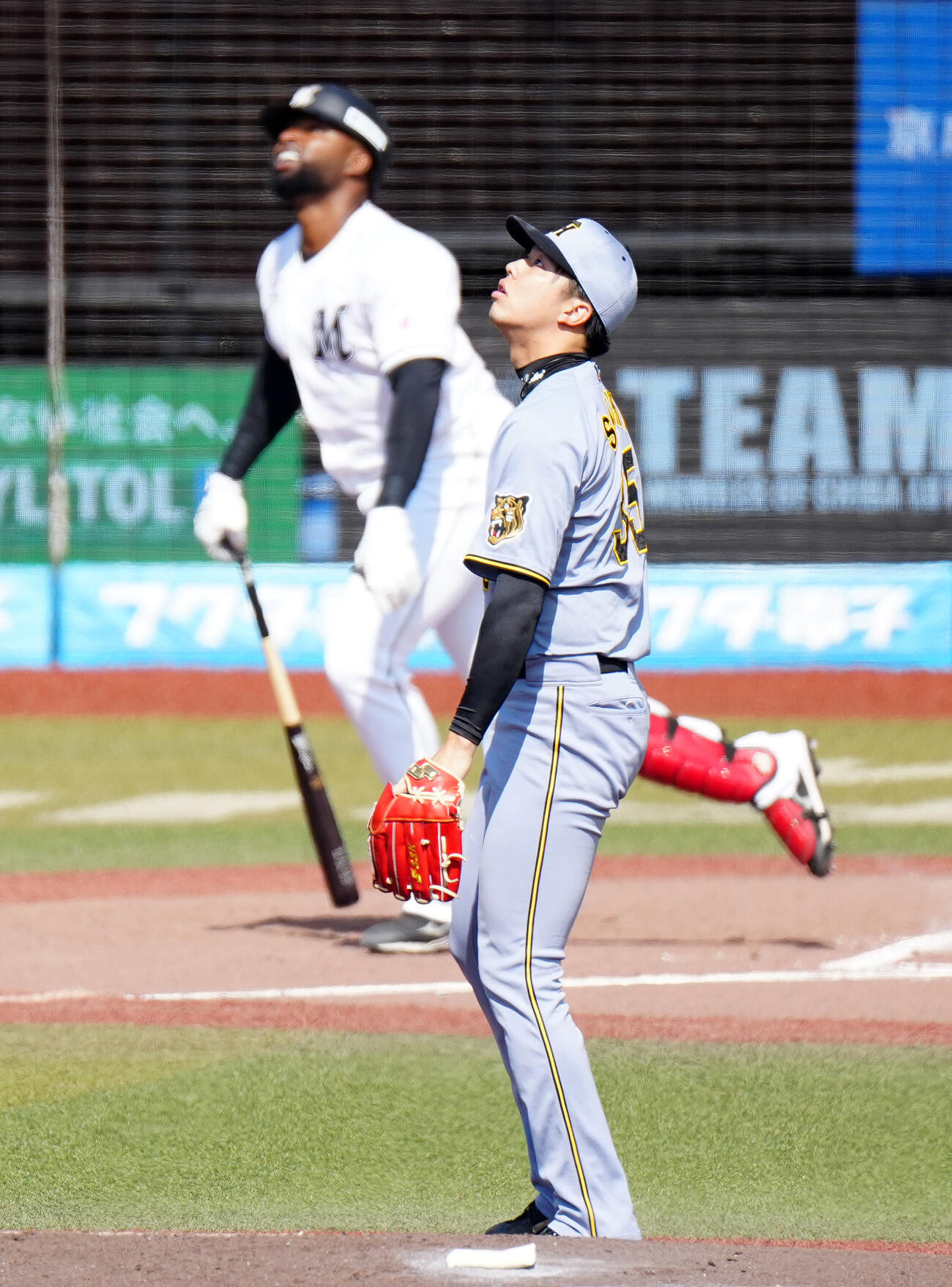 ロッテ対阪神　2回裏ロッテ無死、ポランコ（後方）に先制ソロ本塁打を浴びる才木（撮影・江口和貴）