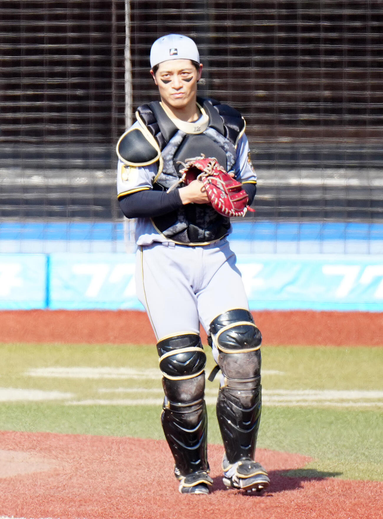 ロッテ対阪神　5回裏ロッテ無死二塁、松川の打ち上げた送りバントの球を捕球した捕手坂本（撮影・江口和貴）