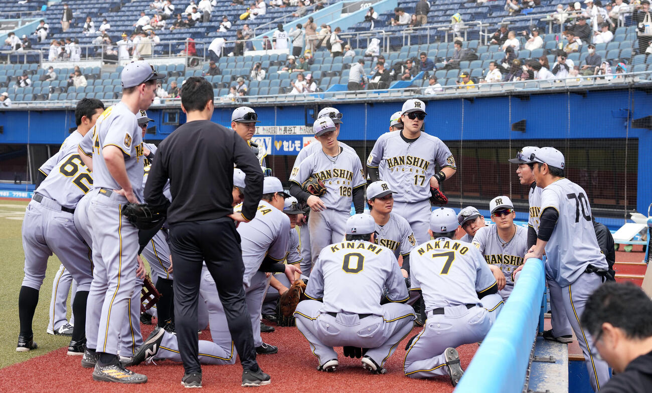 ロッテ対阪神　試合前、円陣を組む阪神ナイン（撮影・たえ見朱実）