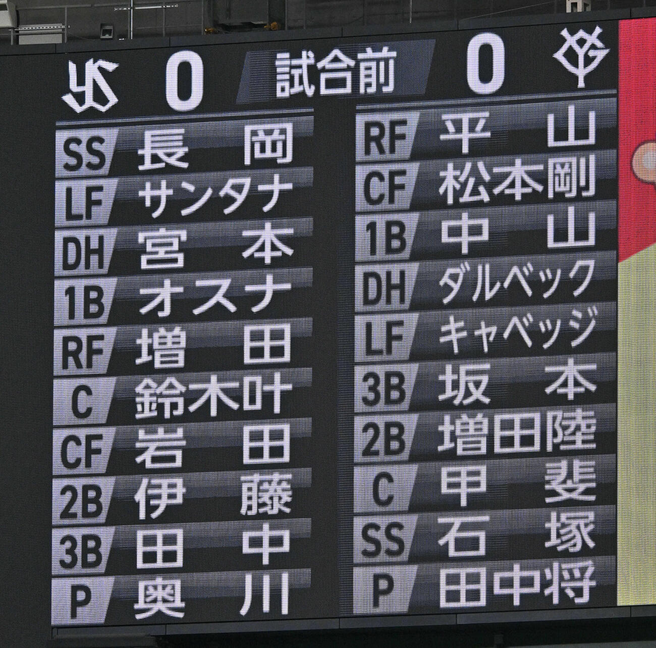 巨人対ヤクルト　両チームのスタメン（撮影・滝沢徹郎）