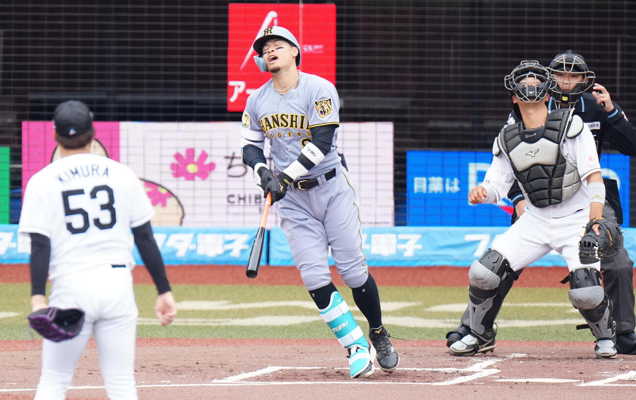 ロッテ対阪神　2回表阪神無死、左飛に倒れ、悔しい表情の佐藤（撮影・江口和貴）