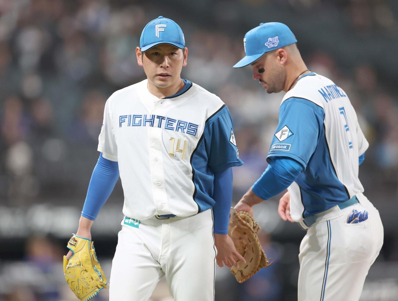 日本ハム対DeNA 5回表、打者を3人で抑えマルティネスとタッチする加藤貴（撮影・黒川智章）