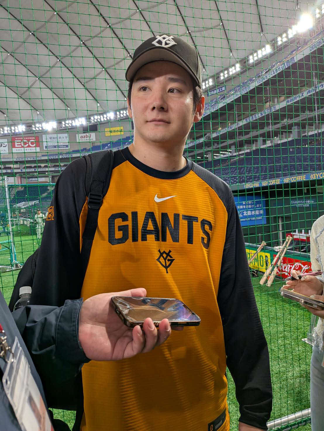 練習後に取材に応じる竹丸