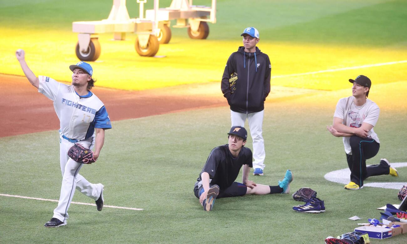 日本ハム伊藤のキャッチボールを見つめる（左2人目から）北山、武田投手コーチ、達（撮影・黒川智章）