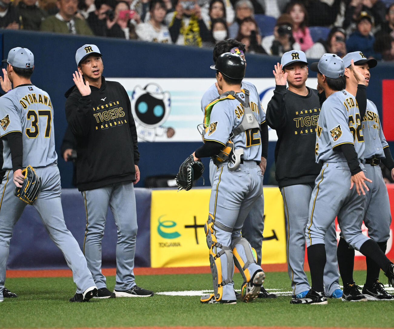 オリックス対阪神　オリックスに勝利しナインを迎える阪神藤川監督（左から2人目）と村上（右から3人目）（撮影・和賀正仁）