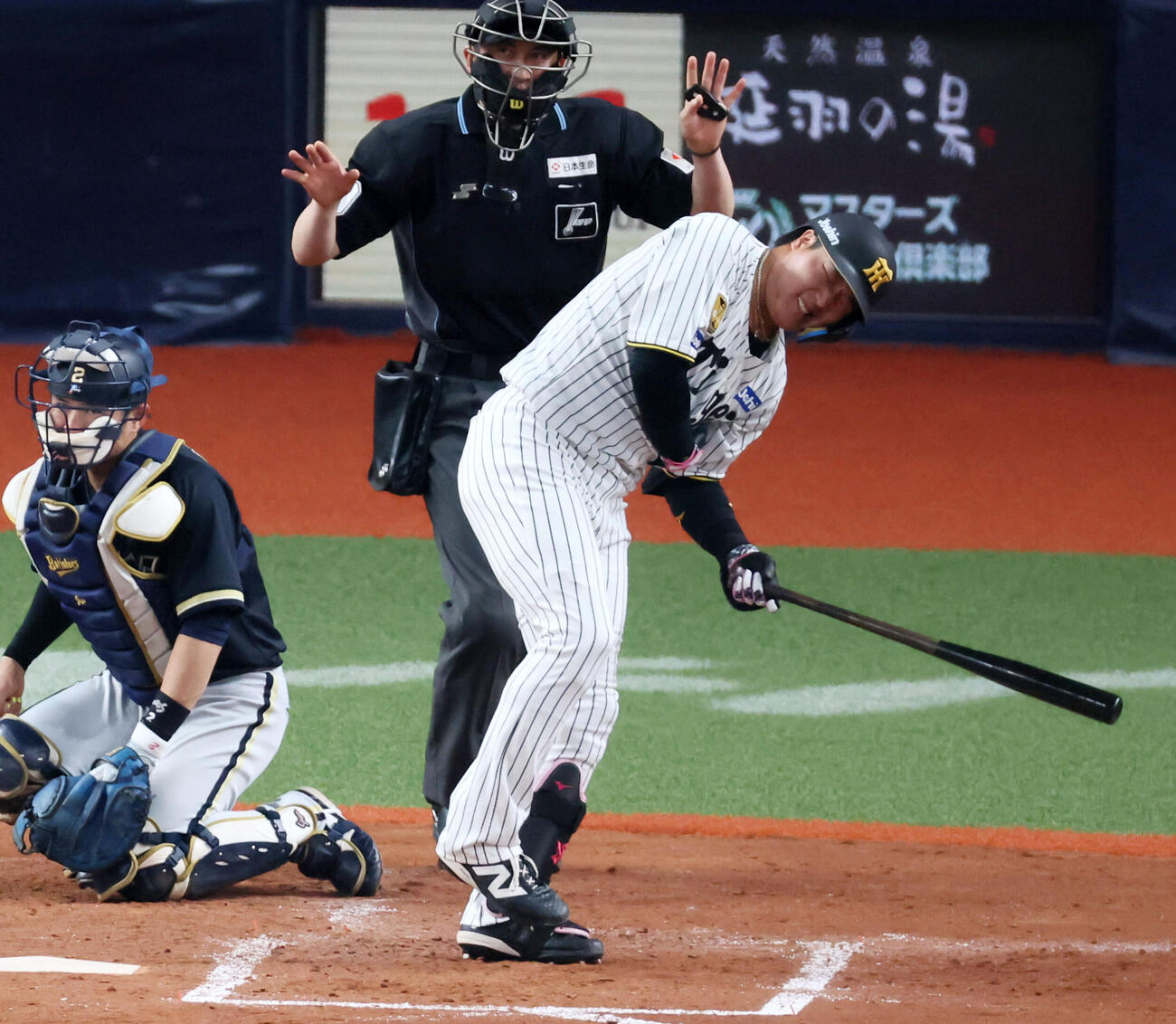 阪神対オリックス　4回裏阪神1死、死球を受ける大山（撮影・加藤哉）