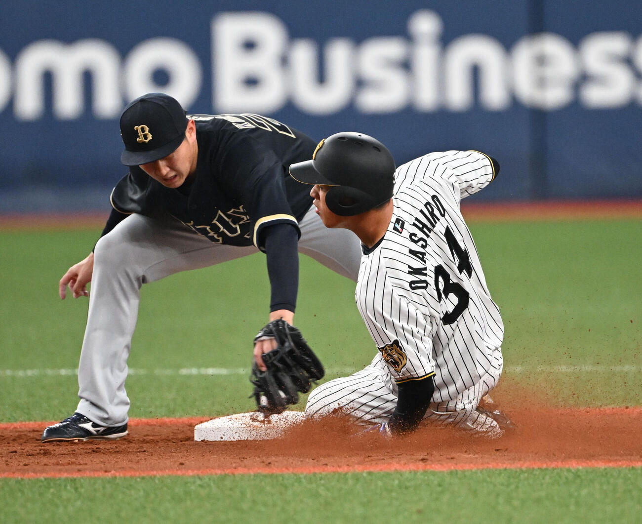 阪神対オリックス　5回裏阪神2死一塁、二盗に成功する岡城（撮影・和賀正仁）