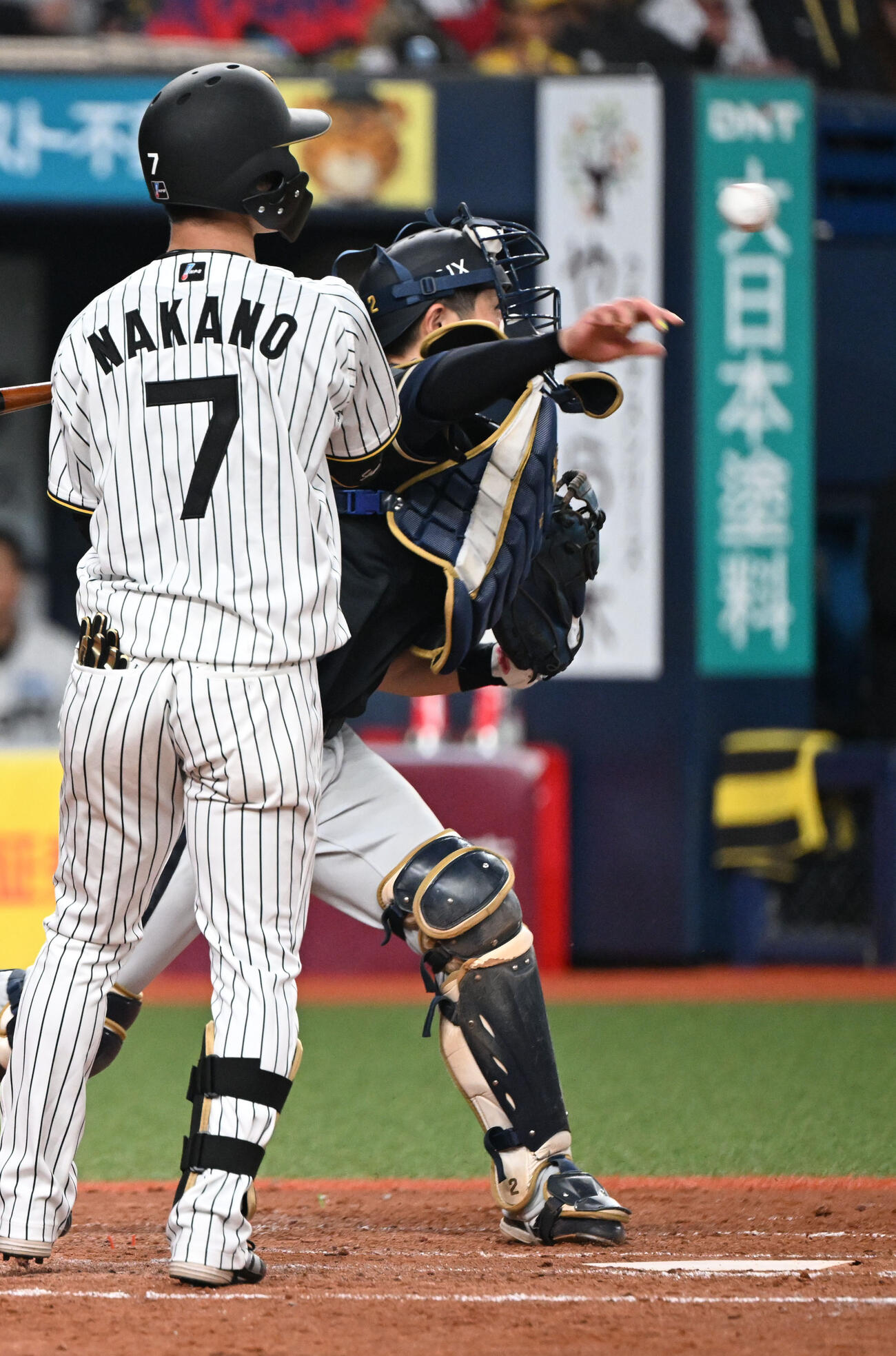 阪神対オリックス　5回裏阪神2死一塁、二盗を試みる岡城を誘うとする捕手若月（撮影・和賀正仁）