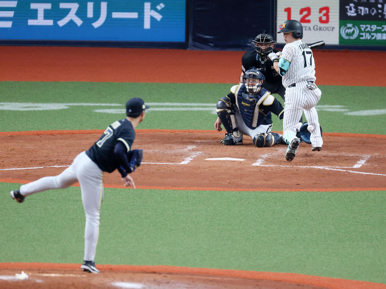 阪神対オリックス　5回裏阪神無死、死球を受ける伏見。投手曽谷（撮影・加藤哉）