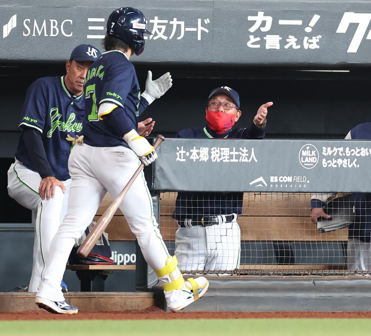 日本ハム対ヤクルト　3回表ヤクルト2死、右越え本塁打を放った長岡を出迎える池山監督（撮影・黒川智章）