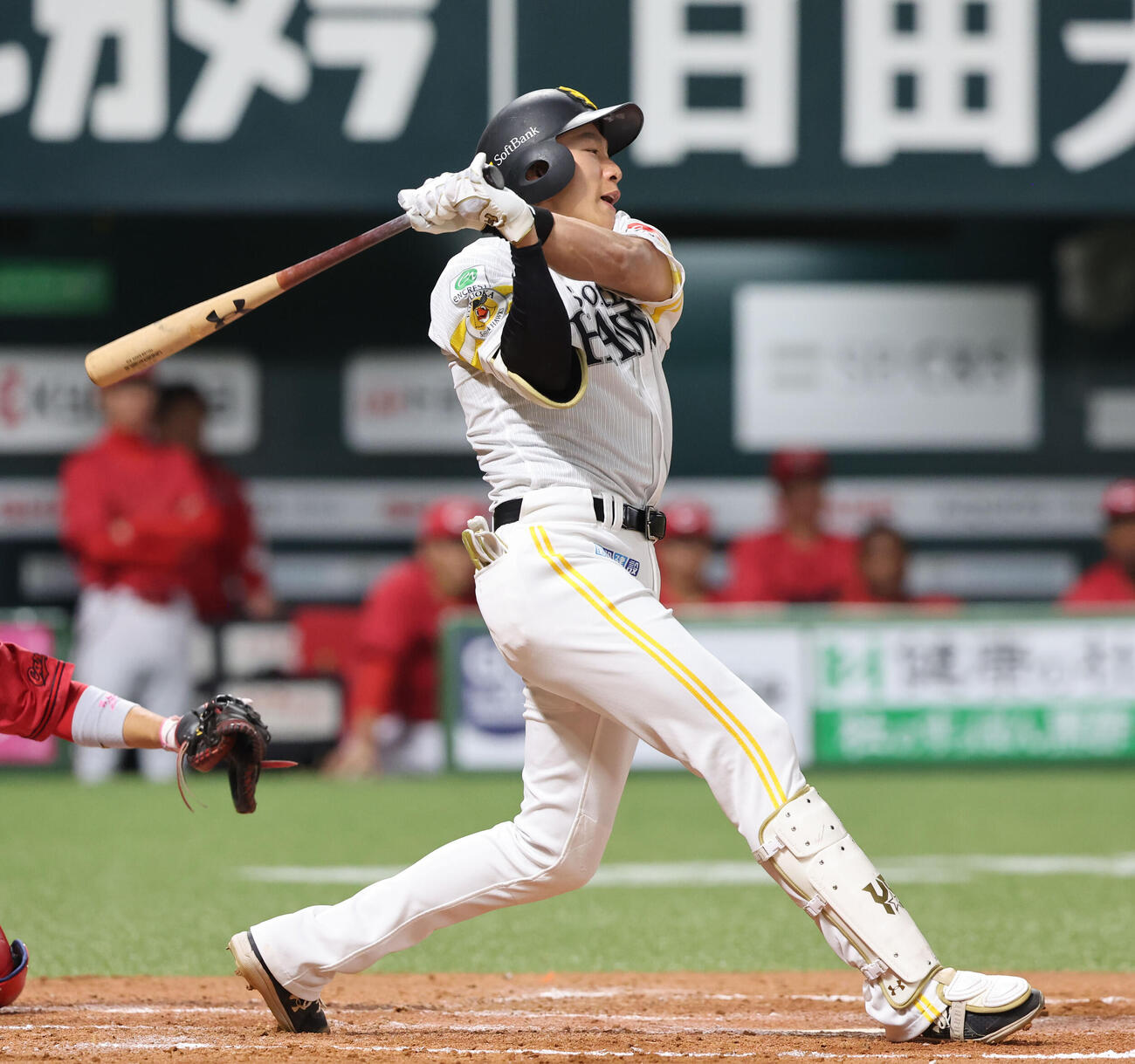 ソフトバンク対広島　3回裏ソフトバンク1死二塁、柳田は遊内野安打を放つ（撮影・梅根麻紀）