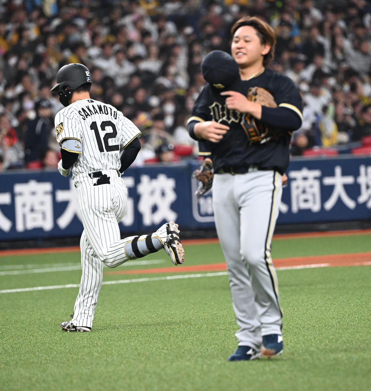 阪神対オリックス　8回裏阪神2死、足下に投じたボールで坂本に謝罪する宮城（撮影・和賀正仁）