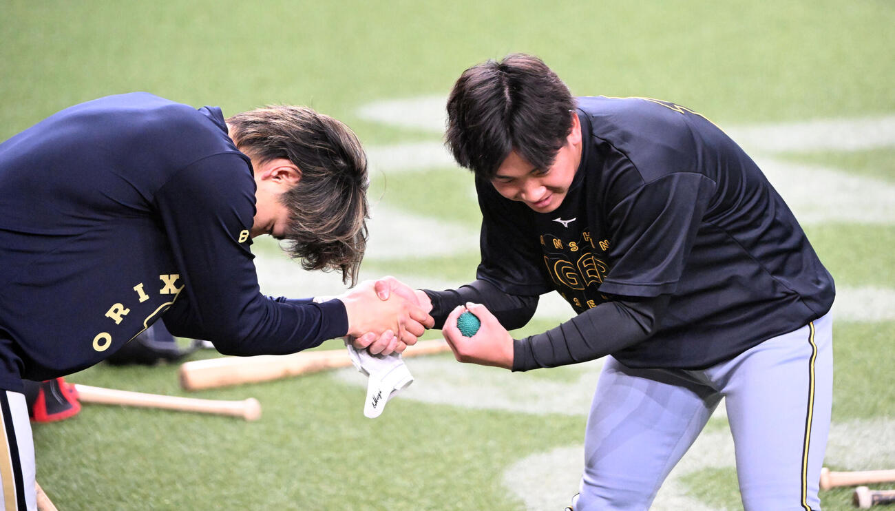 お互い低姿勢で握手するオリックス麦谷（左）と阪神伊原（撮影・和賀正仁）