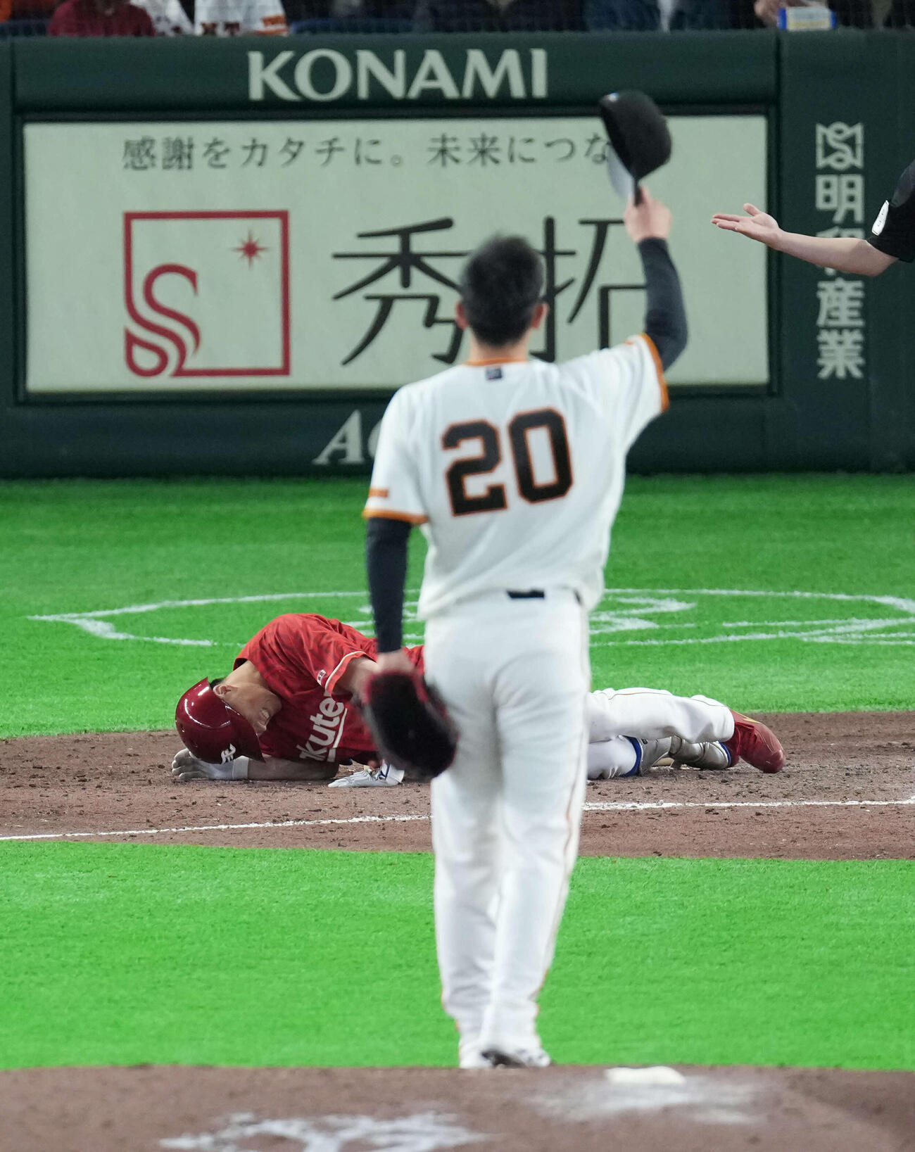 巨人対楽天　5回表楽天1死、死球を受ける小深田。投手は戸郷（撮影・増田悦実）