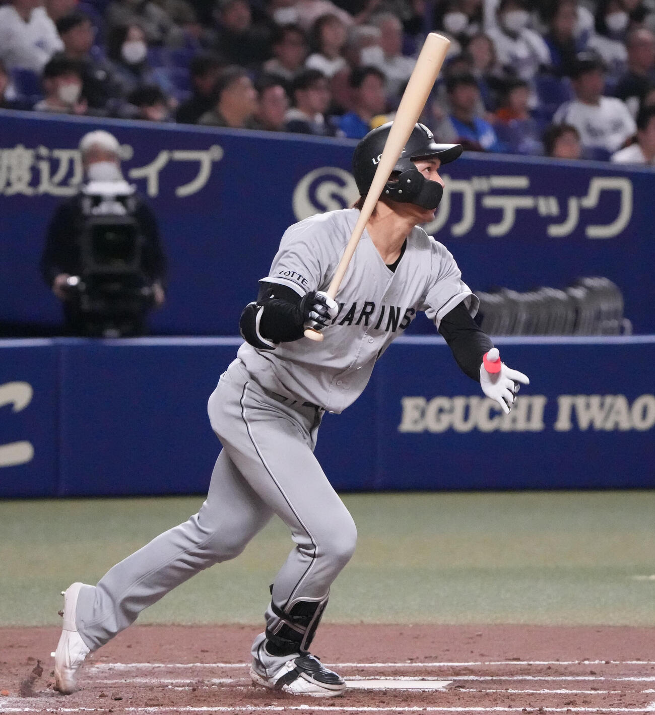 中日対ロッテ　8回表ロッテ1死一塁、右飛に倒れる藤原（撮影・森本幸一）