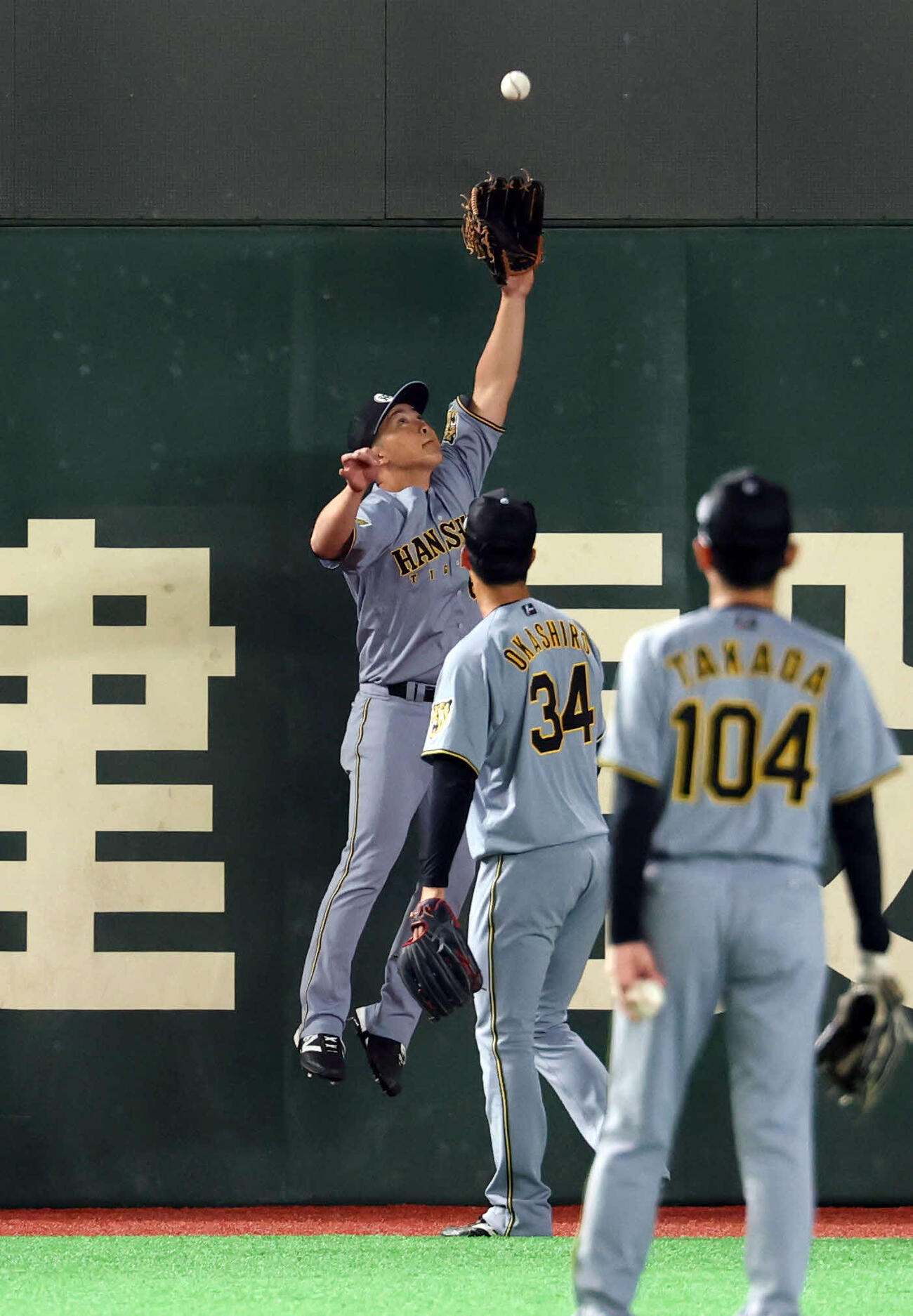 外野守備練習で、フェンスに飛びつく阪神中川（撮影・浅見桂子）