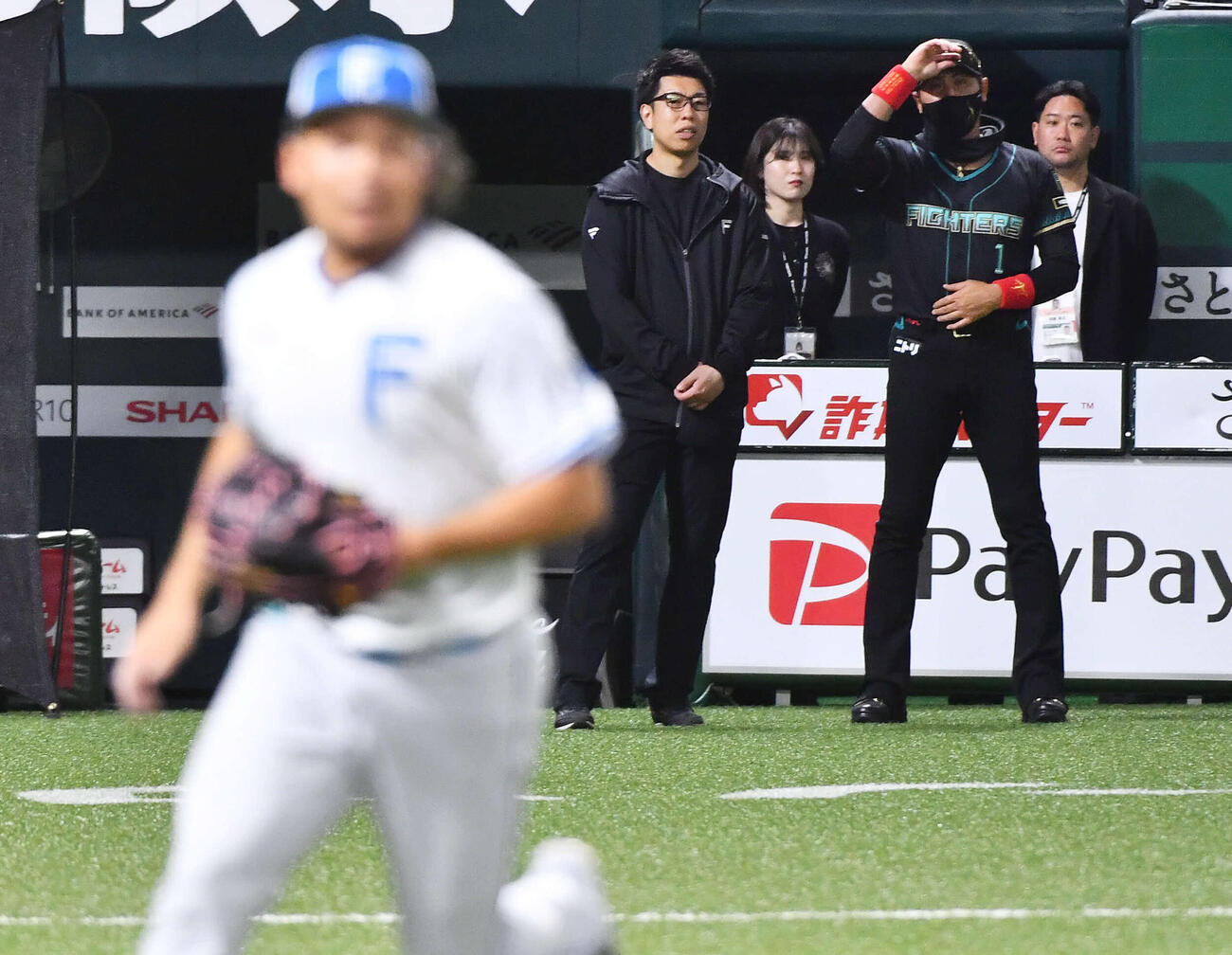 投内連係を行う伊藤（手前左）を見つめる日本ハム新庄監督（撮影・岩下翔太）