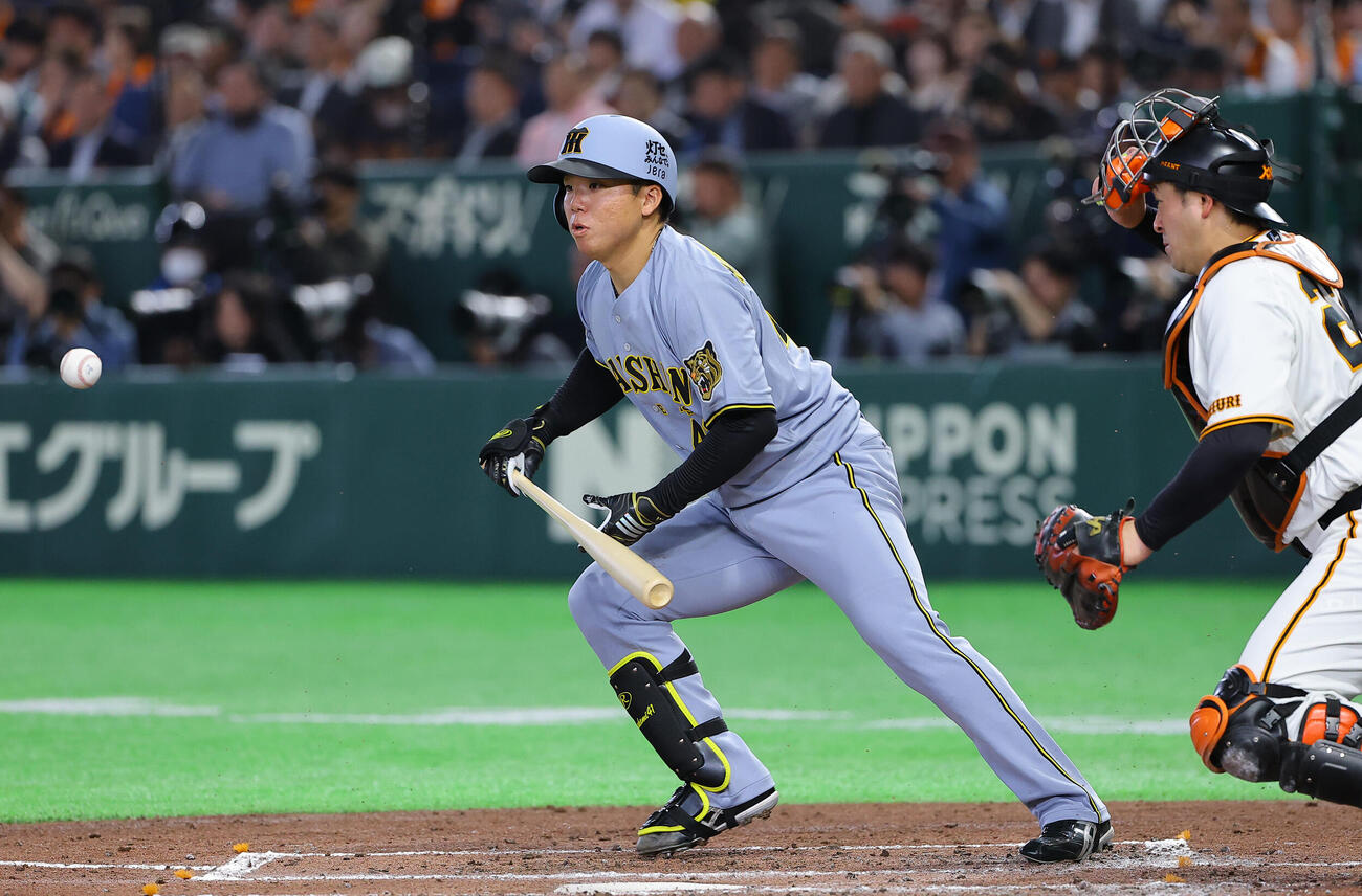 巨人対阪神　3回表阪神無死一塁、村上は送りバントを失敗する（撮影・上田博志）