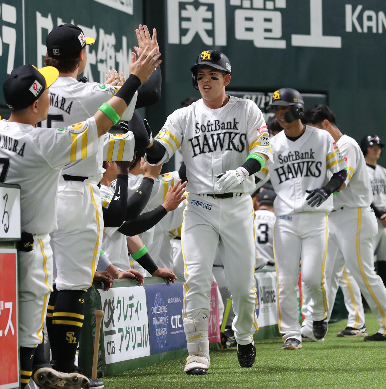 ソフトバンク対日本ハム　2回裏ソフトバンク1死一塁、栗原は左中間に2点本塁打を放ちベンチのナインとハイタッチ（撮影・梅根麻紀）