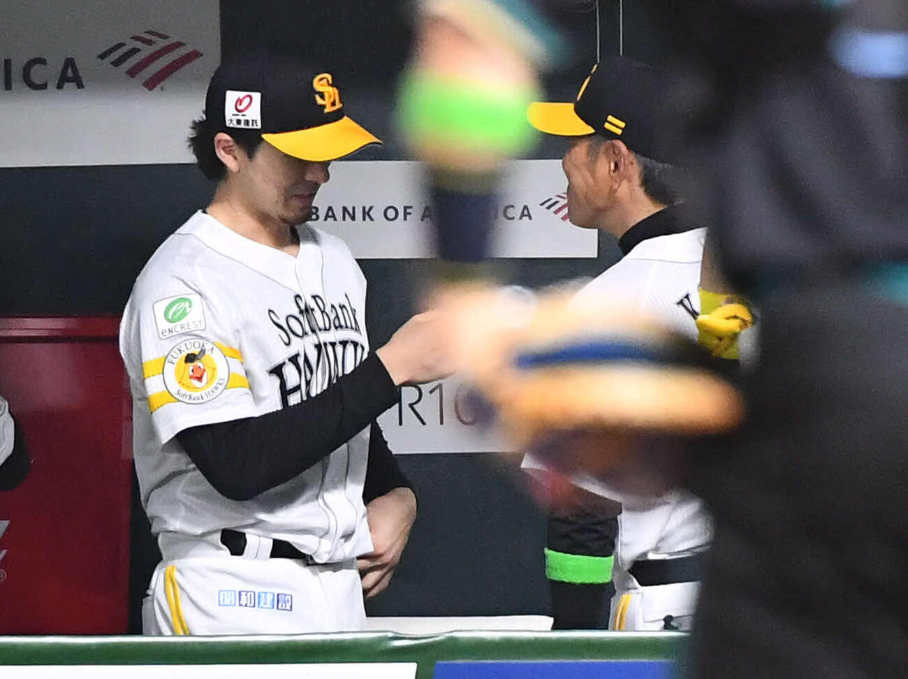 ソフトバンク対日本ハム　5回表終了後、ベンチで小久保監督（右）とタッチを交わす上沢（撮影・岩下翔太）