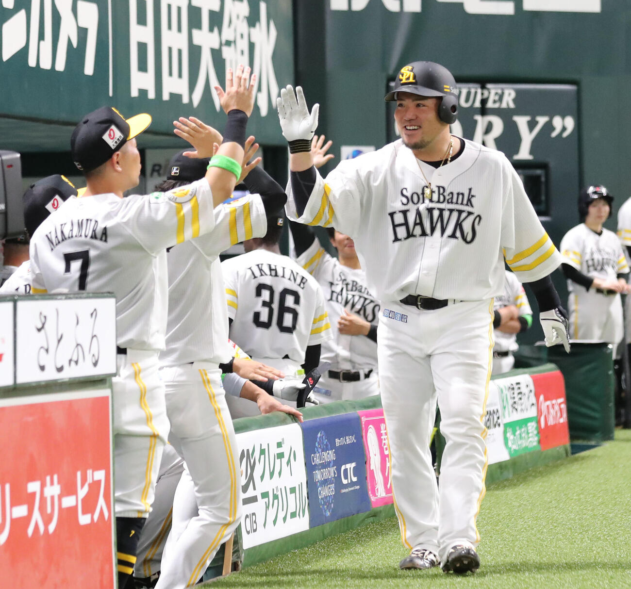 ソフトバンク対日本ハム　4回裏ソフトバンク無死、山川は左中間に同点となる本塁打を放ちベンチのナインとハイタッチ（撮影・梅根麻紀）