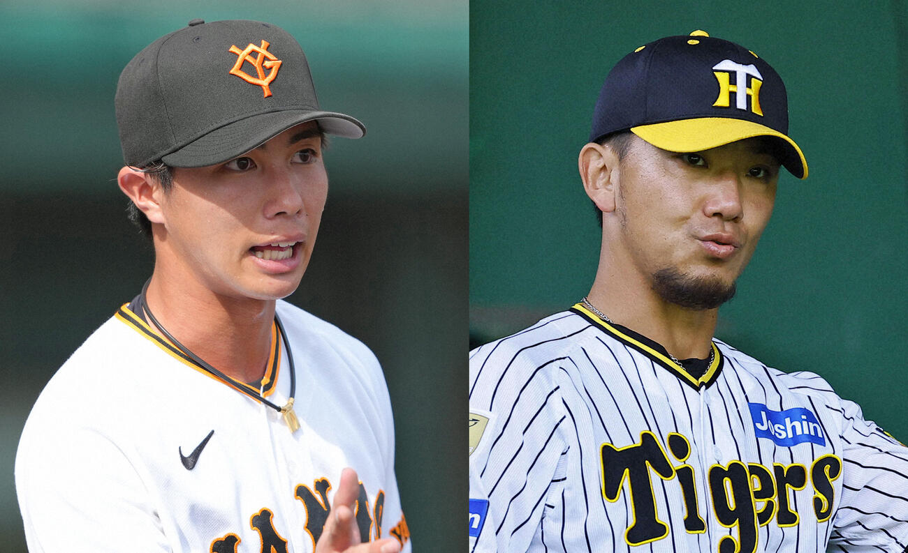 巨人山城京平（左）と阪神伊藤将司