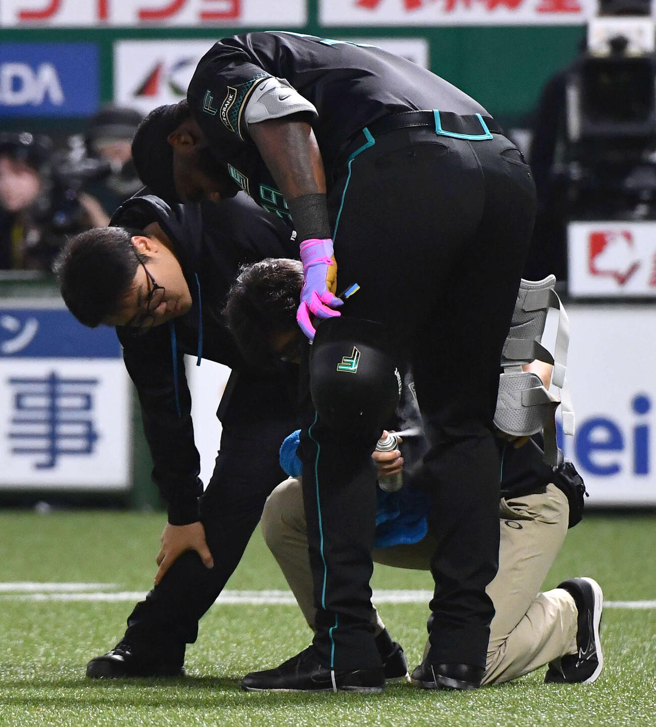 ソフトバンク対日本ハム　5回表日本ハム1死一塁、右足に死球を受け、手当てを受けるレイエス（撮影・岩下翔太）