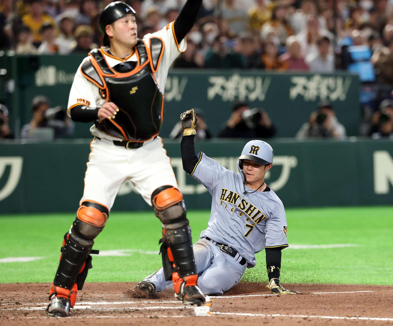 巨人対阪神　8回表阪神1死二塁、佐藤の適時打で生還する中野。捕手岸田（撮影・浅見桂子）
