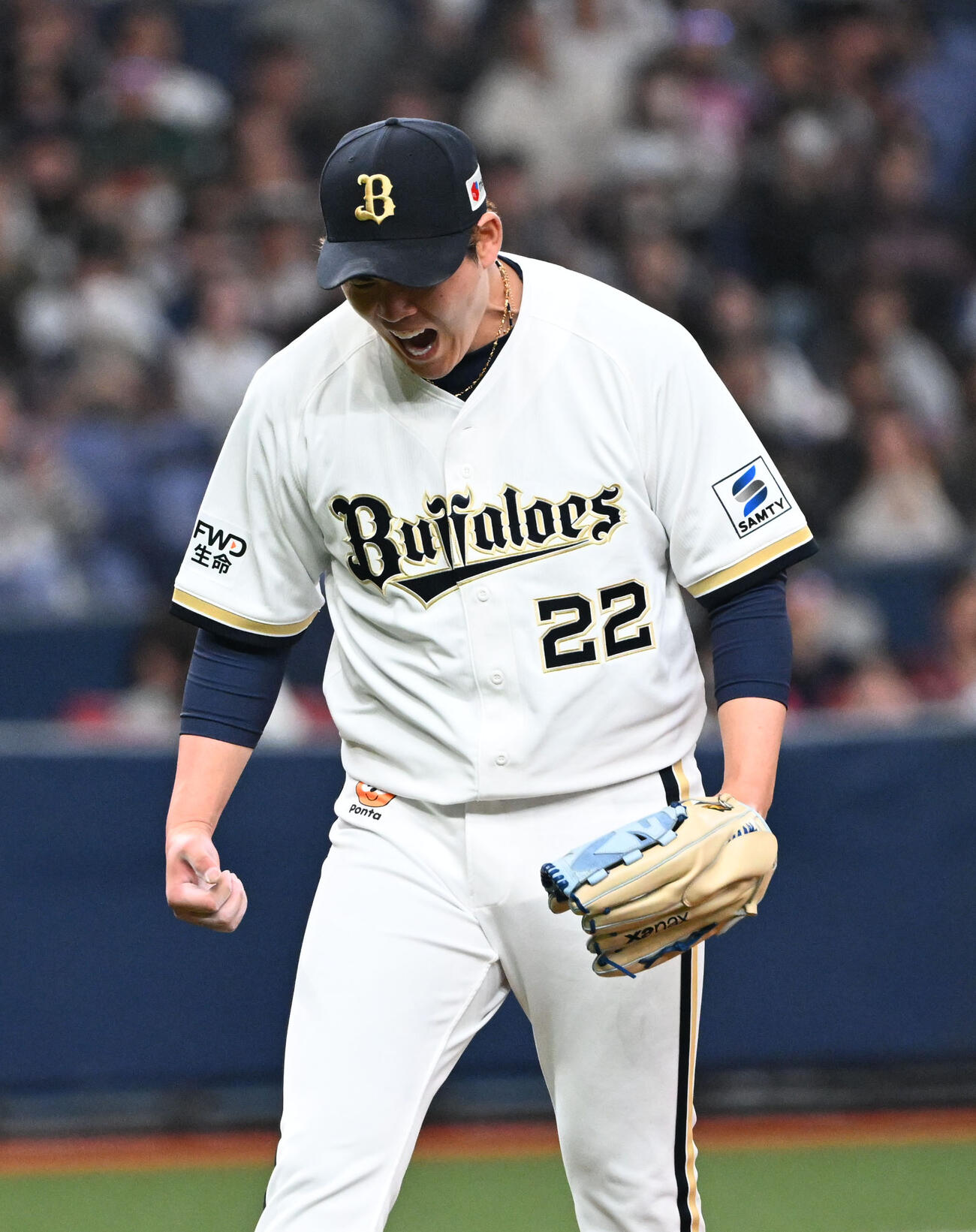 オリックス対楽天　7回表楽天2死一塁、黒川を遊飛に打ち折り、雄たけびをあえる九里（撮影・和賀正仁）