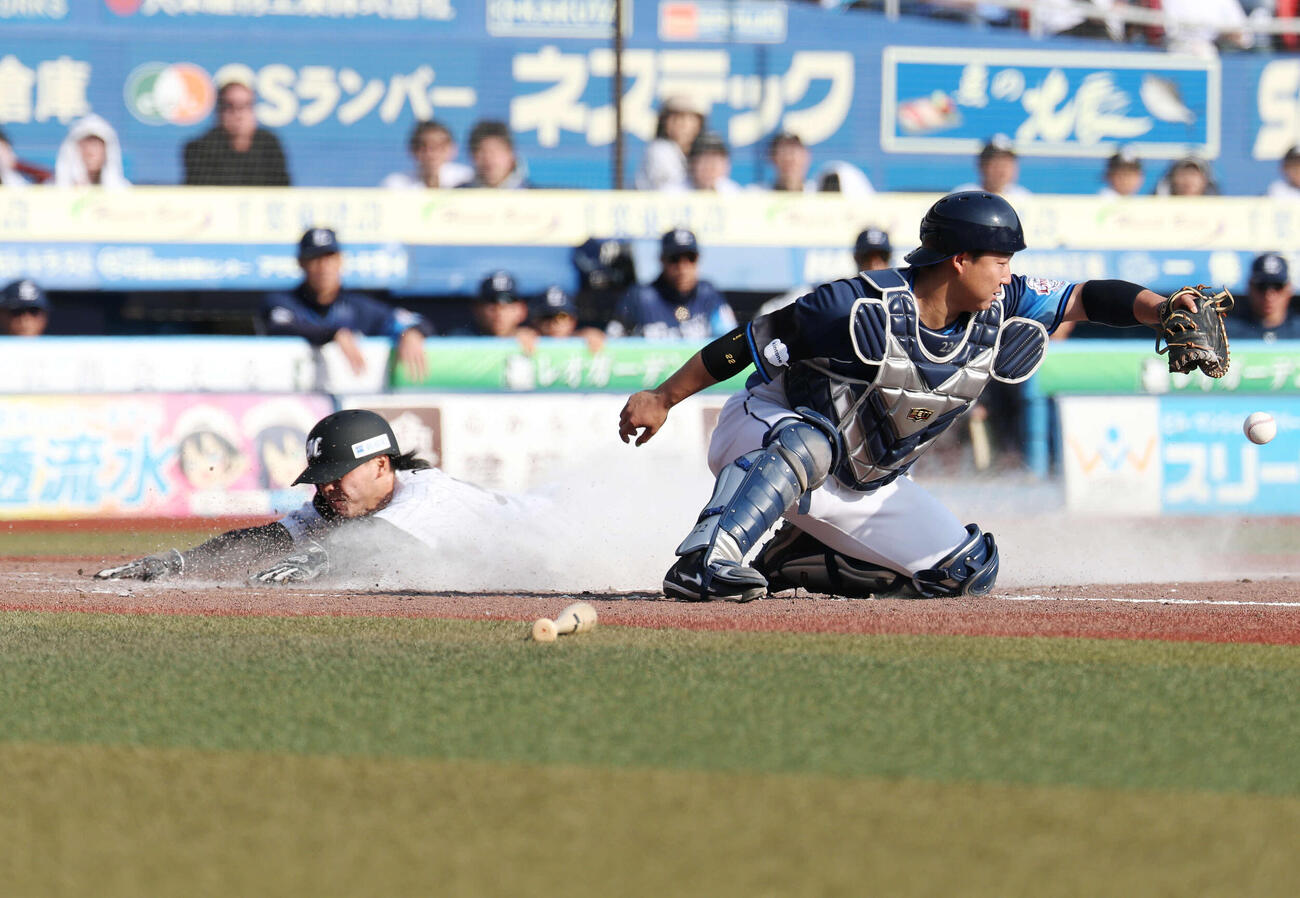 ロッテ対西武　5回裏ロッテ1死一、三塁、藤原の犠飛で生還する小川（撮影・宮地輝）