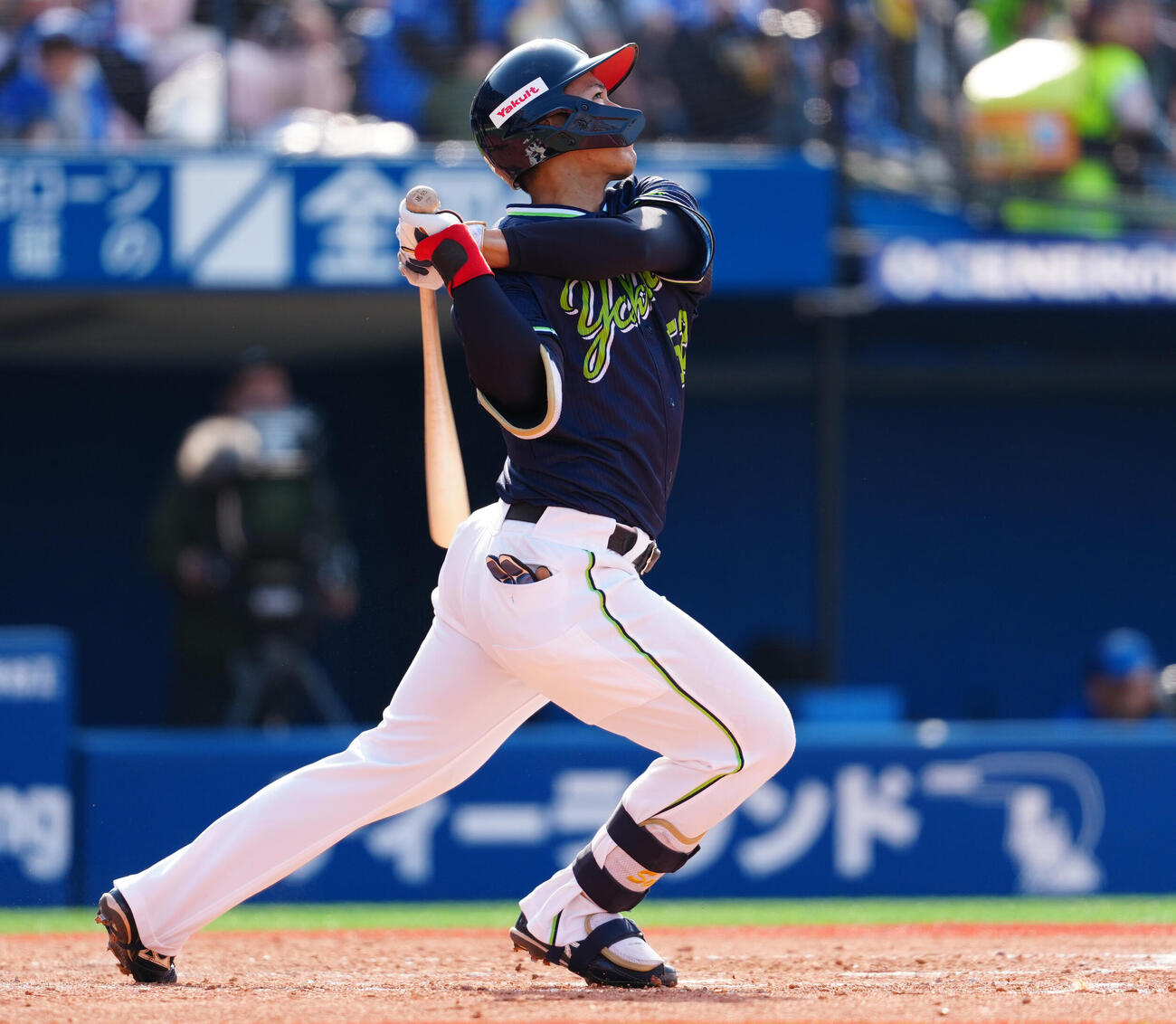 DeNA対ヤクルト　3回表ヤクルト1死一、三塁、右犠飛を放つ橋本（撮影・鈴木みどり）