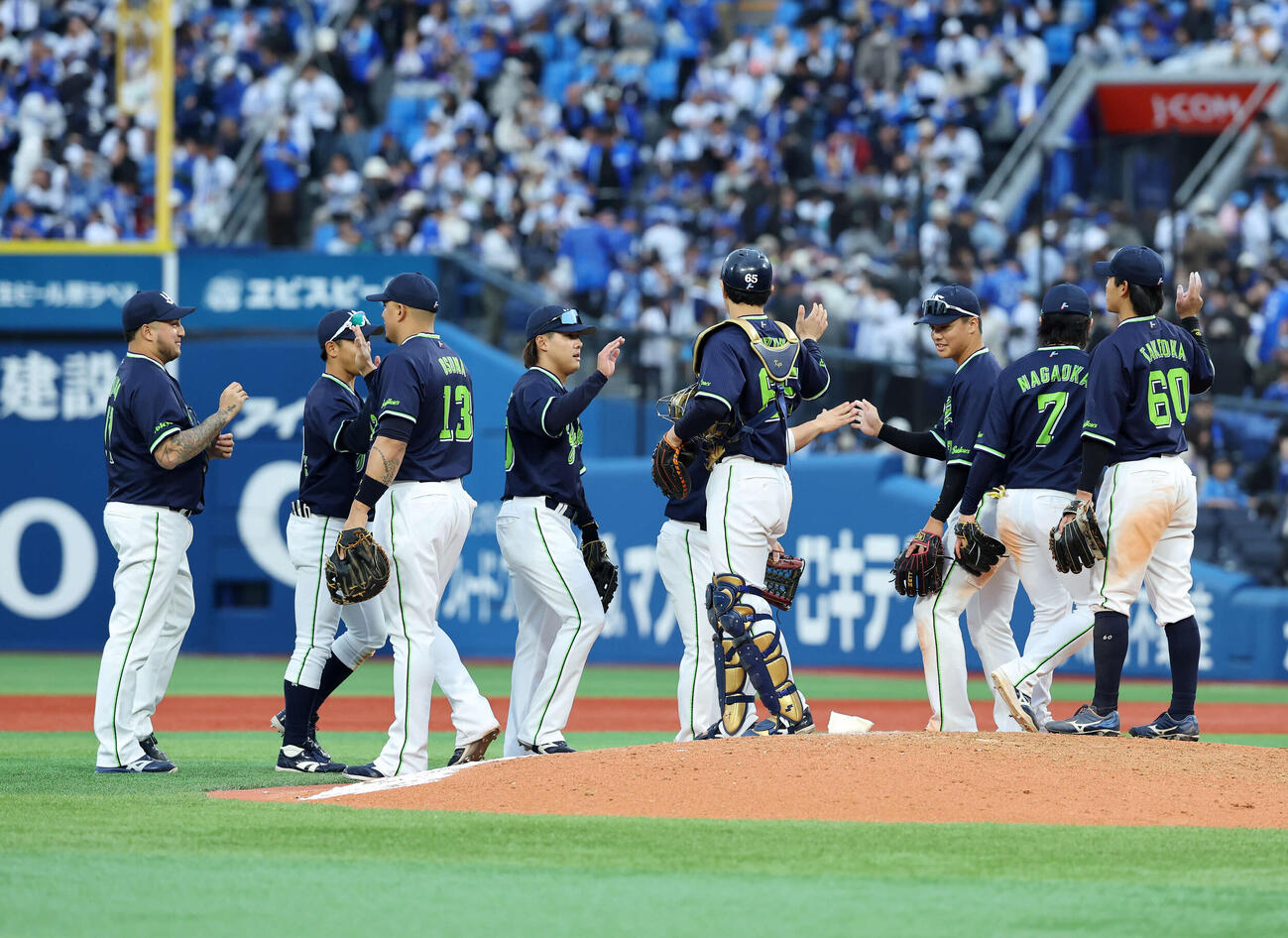 DeNA対ヤクルト　勝利しマウンドに集まるヤクルトの選手たち（撮影・鈴木正人）　