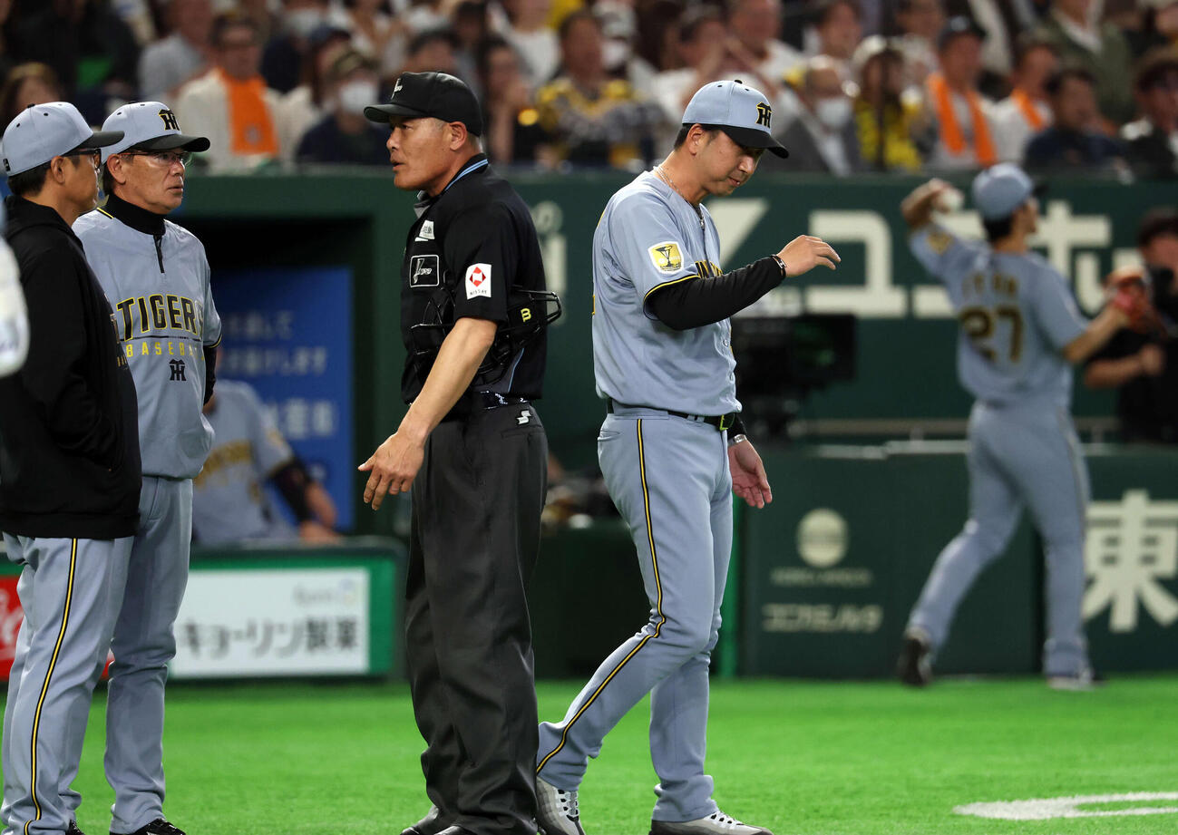 巨人対阪神　2回表阪神1死一塁、伏見が死球を受け、厳しい表情でグラウンドに出る藤川監督（撮影・浅見桂子）