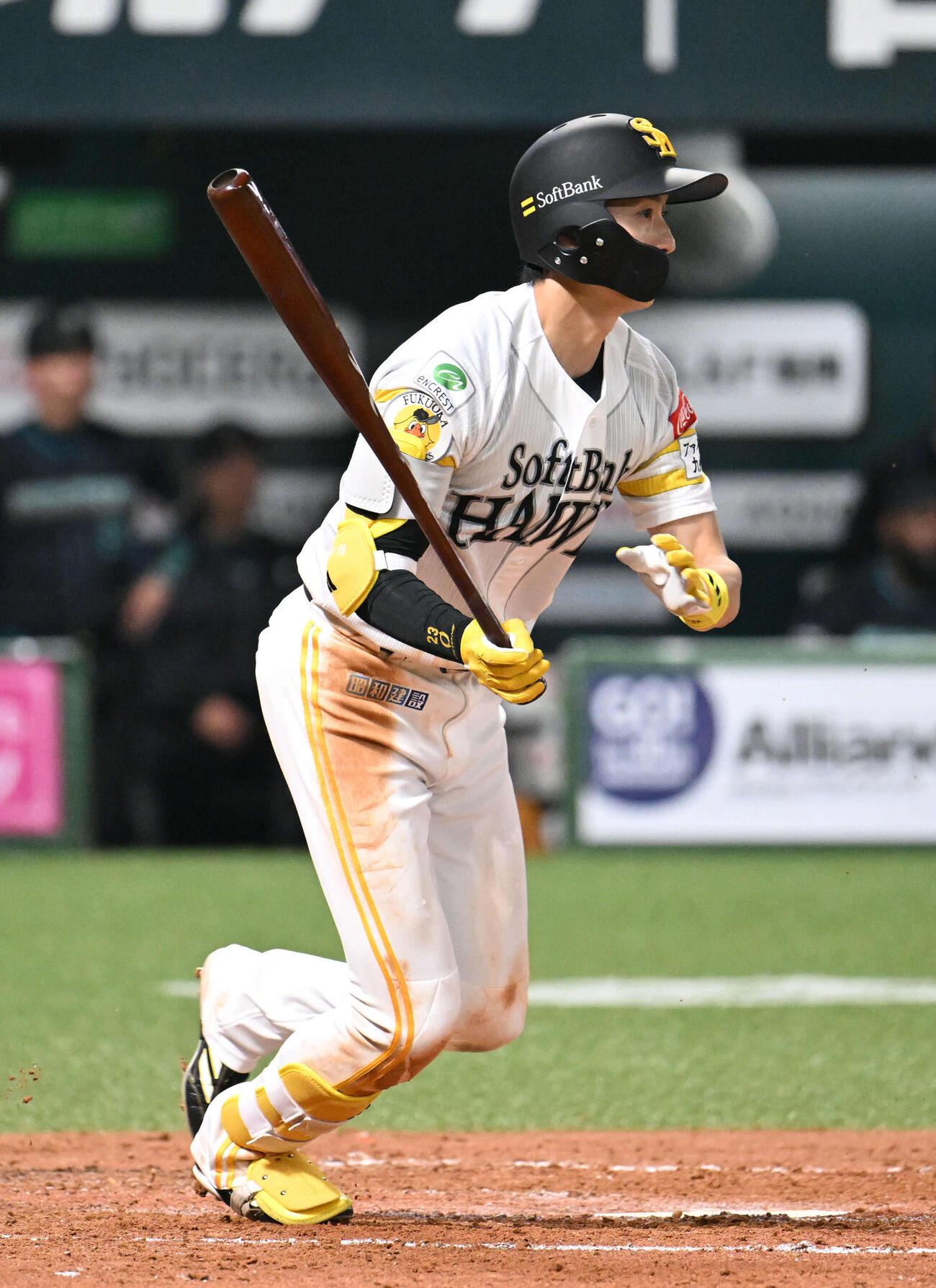 ソフトバンク対日本ハム　2回裏ソフトバンク1死二、三塁、周東はゴロを放ちその間に三塁走者が生還する（撮影・林敢治）