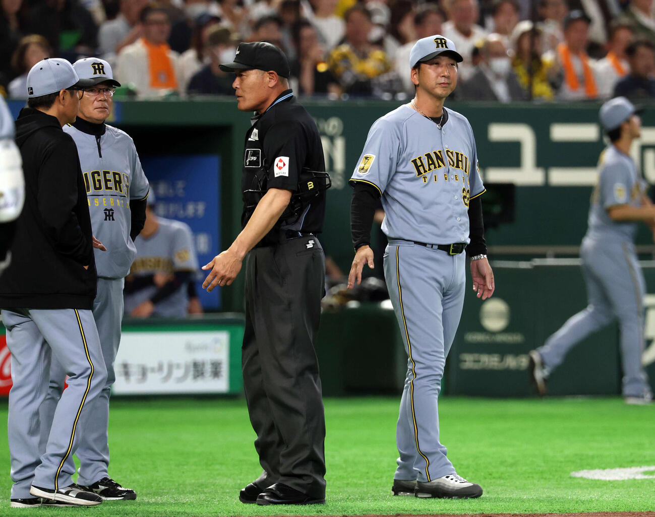 巨人対阪神　2回表阪神1死一塁、伏見が死球を受け、厳しい表情でグラウンドに出る藤川監督（撮影・浅見桂子）