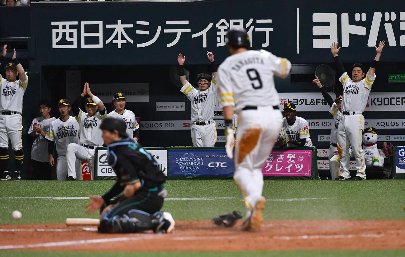 ソフトバンク対日本ハム　3回裏ソフトバンク2死一、二塁、川瀬が右前適時打を放ち、歓喜するソフトバンクナイン（撮影・岩下翔太）