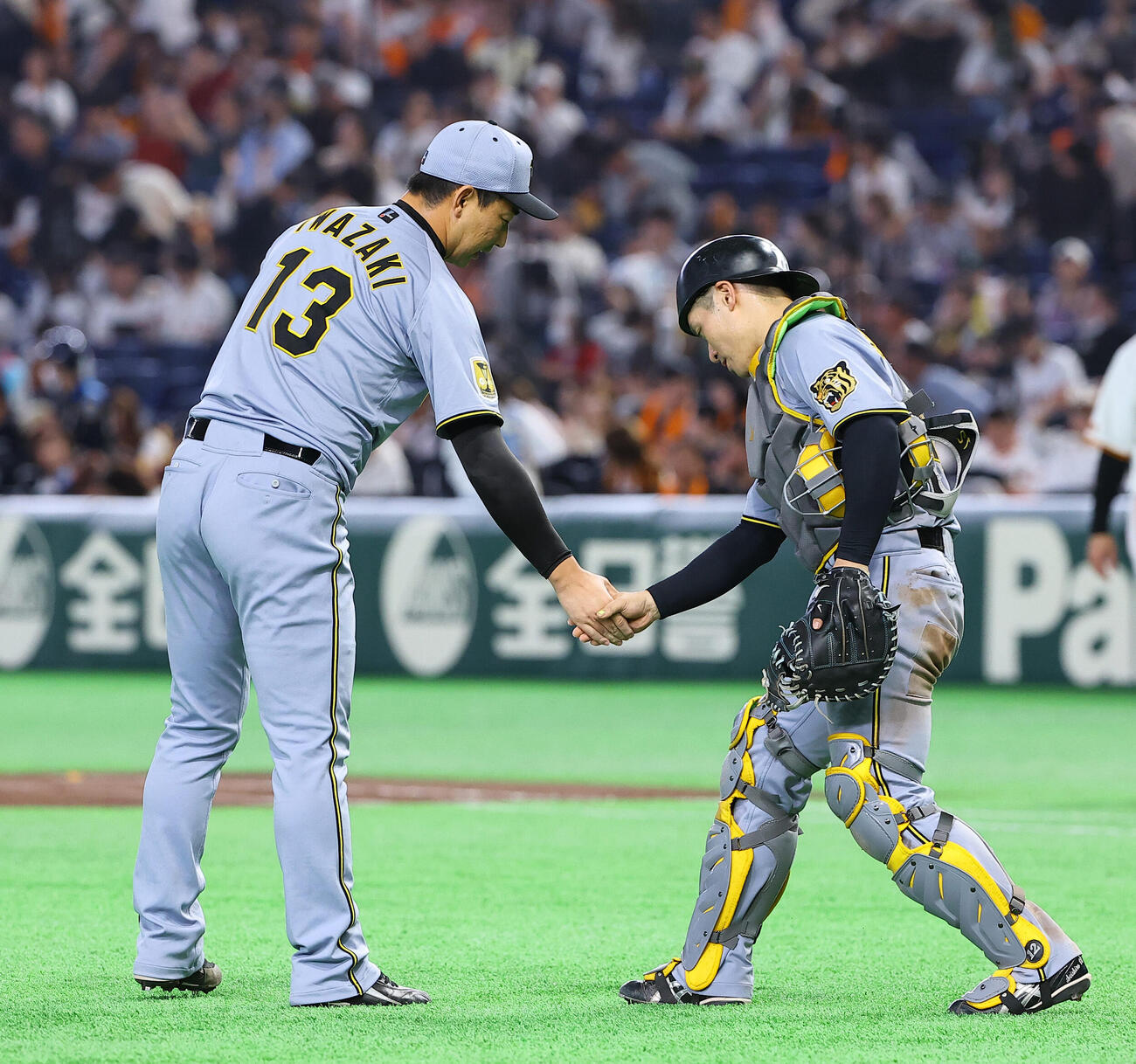 巨人対阪神　巨人に勝利し握手を交わす岩崎（左）と坂本（撮影・上田博志）