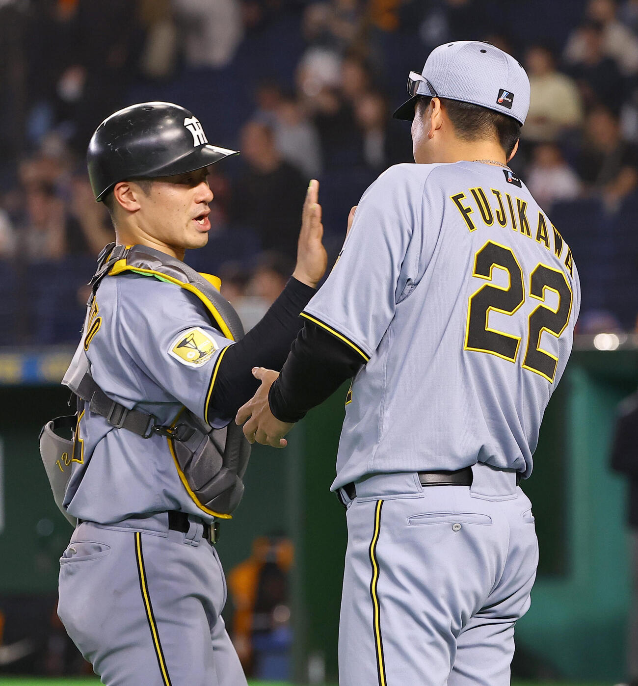 巨人対阪神　藤川監督（右）とハイタッチして喜ぶ坂本（撮影・上田博志）