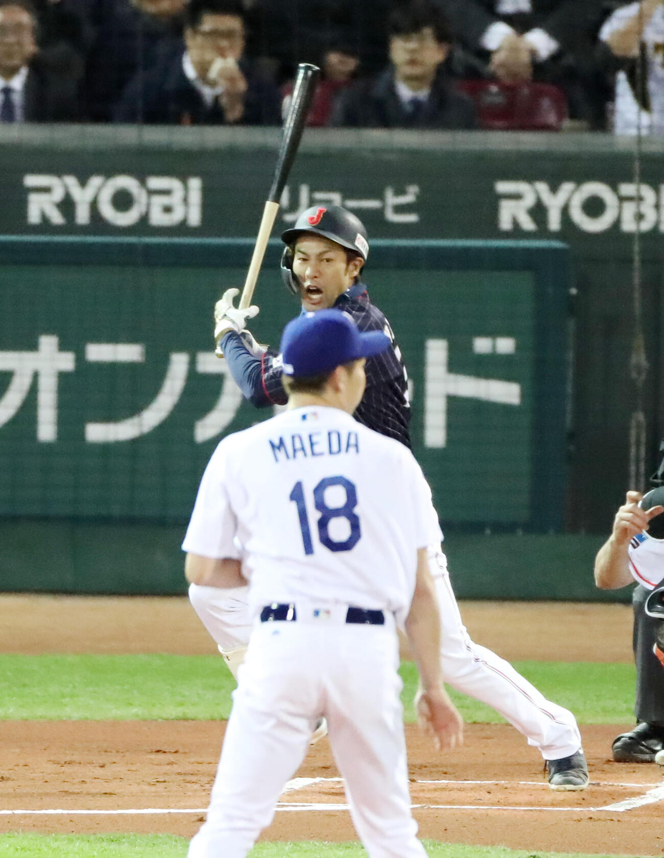 2018年11月、MLB対日本の1回、柳田は遊ゴロに倒れる。投手前田