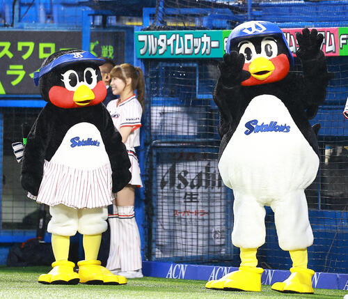 祝、プロ野球開幕！お帰りつば九郎！ ヤクルト】「おかえり」つば九郎登場 選手と抱擁、池山監督と握手も