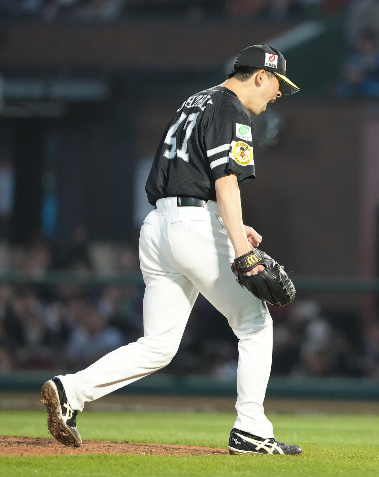楽天対ソフトバンク　5回裏楽天2死満塁、浅村を空振り三振に仕留め雄たけびを上げる大関（撮影・足立雅史）