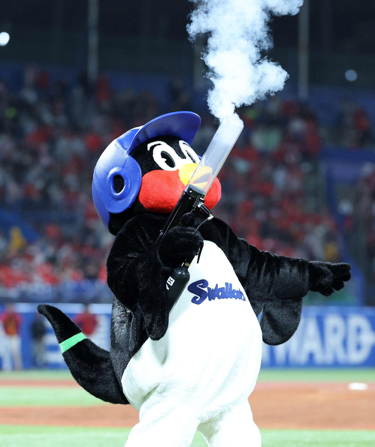 ヤクルト対広島　バズーカタイムに臨むつば九郎（撮影・鈴木正人）　